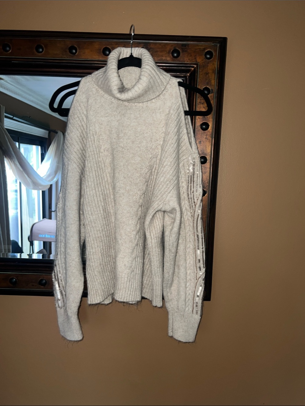Worthington Cream Turtleneck Sweater with Sequin-Trim Sleeves